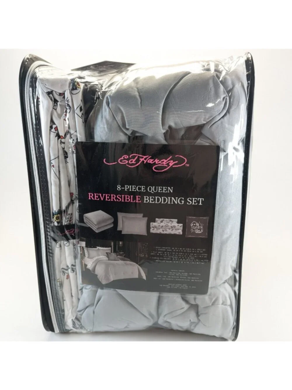 Ed Hardy Queen Comforter Bed Set w Shams Pillow Sheets Black White Dice Skull